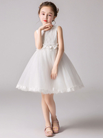 Robe fille de fleur col rond brodé des perles en tulle sans manche longueur au genou femeture à zip sur dos robe de princesse