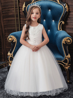 Robe fille de fleur col rond brodé en tulle sans manche longueur au sol femeture à zip sur dos robe de princesse
