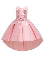 Robe fille de fleur couleur corail en coton polyester asymétrique décoré des fleurs robe cortège enfant