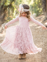 Robe fille de fleur en dentelle rose col rond manches longues cheville longueur robes d\