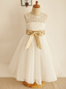 Robe fille de fleur ioivre en tulle col tond en dentelle décoré de noeud robe fille cérémonie