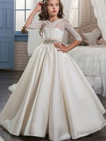 Robe fille de fleur ivoire en satin col V manche longue en dentelle longueur au sol robe cortège enfant