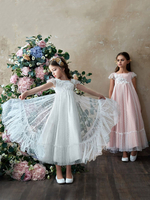 Robe fille de fleur ivoire en tulle col rond décoré des fleurs longueur cheville robe cortège enfant