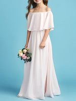 Robe fille de fleur pale rose en chiffon col bateau jupe plissée longueur au sol robe fille cérémonie