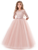 Robe fille de fleur rose en dentelle demi-manche transparent zip sur dos longueur au sol Robe cérémonie enfant
