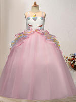 Robe fille de fleur rose en tulle col rond boutonné sur dos robe cortège enfant