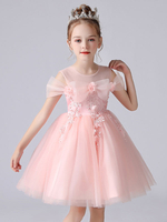 Robe fille de fleur rose en tulle col rond décoré de fleur robe cortège enfant
