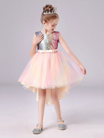 Robe fille de fleur rose en tulle col rond paillete asymétrique longeuur au genou robe fille cérémonie