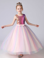 Robe fille de fleur rose en tulle col rond paillete décoré de noeud longueur cheville robe fille cérémonie