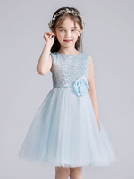Robe fille de fleur rose en tulle col rond pailletes décoré de fleur robe cortège enfant