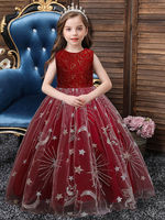 Robe fille de fleur rouge en tulle col rond en dentelle longueur au sol robe cortège enfant