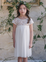Robe Fille Fleur Dentelle Dentelle Col Bijoux Manches Courtes Ivoire