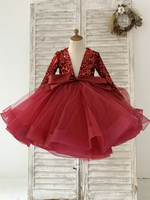 Robe Fille Fleur Tulle Noeuds Col V Manches Longues Bordeaux