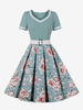Robe Fleuri Rétro Des Années 1950 À Imprimé Floral Vert À Manches Courtes À Col En V