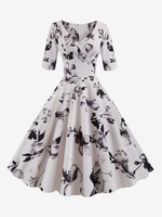Robe Fleuri Vintage Noire Des Années 1950 Audrey Hepburn Style Imprimé Floral Couches Demi-manches Chérie Robe Rockabilly
