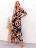Robe Fleurie Bohème Longue Demi Manches Col En V Noué À Lacets Avant Fente Été