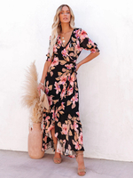 Robe Fleurie Bohème Longue Demi Manches Col En V Noué À Lacets Avant Fente Été