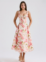 Robe Fleurie Corset Robe Mi-Longue Sans Manches Bretelles Sexy À Lacets