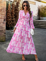 Robe Fleurie Longue Fendue Col En V Manches Longues Chic Printemps