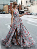 Robe Fleurie Longue Imprimée Femme avec Bretelles à Col Décolleté en V Coupe Cintrée avec Fente Bicolores Robe Eté Robe Maxi