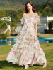 Robe Fleurie Longue Manches Courtes Col Bateau Élégant Volants Superposés Été