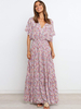 Robe Fleurie Longues Manches Courtes Col En V Stretch Ample Décontracté