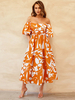 Robe Fleurie Mi-Longue Col Bateau Robes Dos Nu Plissé Manches Courtes Été Ample