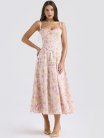Robe Fleurie Mi-Longue Corset À Bretelles Réglables Chic À Lacets Printemps