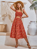 Robe fleurie robe mi-longue robes imprimées découpées col en v sans manches Chic été