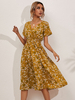 Robe Fleurie Été Imprimé Fleurie Mi-longue Femme à Col V avec Manches Courtes Coupe Cintrée Elastique Bas Evasée Bicolores Robe de Patineuse