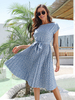 Robe Fleurie Été Mi-longue Femme Imprimés avec Manches Courtes à Col Rond Coupe Cintrée à Lacets Bas Evasée Bicolores