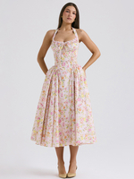 Robe Fleurie Vintage Mi-Longue Bretelles Réglables Lacets Élégante Longue