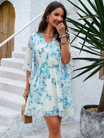 Robe florale col en V ceinturée robes mi-longues décontractées"idiennes pour le printemps et lété