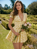 Robe florale Mini robes imprimé fleuri manches courtes col en v Chic à lacets fermeture éclair pas de couture ouverte courte été