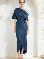 Robe fourreau plissée pour mère asymétrique épaule dénudée demi-manches robes dinvitées pour mariage