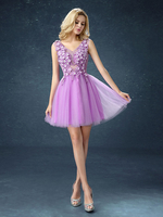 Robe Fête 2021 Robe de bal courte Mignonne Tutu Lilas Robe en multicouche Fleurs col-V Mini-robe de soirée