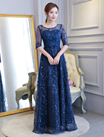 Robe Fête 2021 Robe de soirée noir bleu marine en dentelle demi-manches Robe longue sur terre
