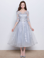 Robe Fête 2021 Robes de bal longues gris clair demi-manches ceinture dentelle dos nu Robe de Graduation