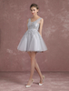 Robe fête de la rentrée A-ligne en tulle gris clair col V plissé mini
