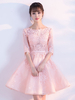 Robe fête de la rentrée A-ligne en tulle rose clair col rond avec dentelle mini