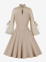Robe Glamour Vintage des années 1950 Style Audrey Hepburn imprimé Floral abricot dentelle manches longues col montant robe Rockabilly