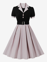 Robe Glamour Vintage rose à pois années 1950 Style Audrey Hepburn ceinture manches courtes col en V longueur genou robe trapèze