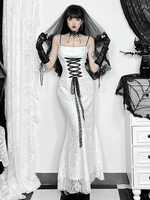 Robe gothique blanche à bandes sur le devant pour femme style sirène style trompette
