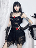 Robe gothique en polyester à volants noirs et épaules dénudées en dentelle pour femme