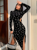 Robe gothique femme noire à col haut et manches longues en polyester moulante