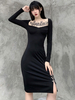 Robe gothique femme noire gothique polyester moulante manches longues robe rétro
