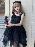 Robe gothique Lolita à volants et fleurs noires Hime Lolita JSK