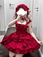 Robe gothique Lolita bordeaux en jacquard avec fleurs et nœuds style kawaii