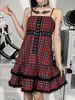 Robe Gothique Lolita Bretelles Cou Sans Manches Motif À Carreaux Rouge Volants Oeillets Robe Courte