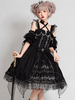 Robe Gothique Lolita JSK Ensemble 4 Pièces Noir Sans Manches Lacets Chaînes Perles Nœuds Tenue Lolita Foncée